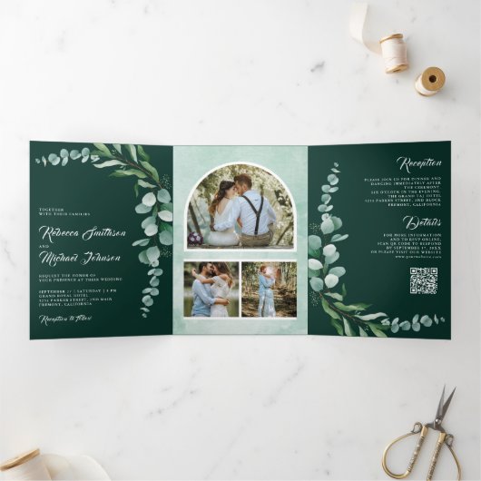 Eucalyptus Branch Photo QR Code Emerald Wedding Dreifach Gefaltete Einladung (Innenseite)