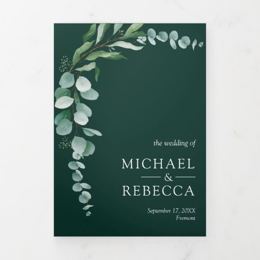Eucalyptus Branch Photo QR Code Emerald Wedding Dreifach Gefaltete Einladung (Cover)