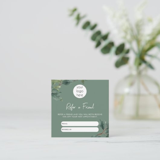 Eucalyptus Business Refer A Friend Referral Card Quadratische Visitenkarte (Stehend Vorderseite)