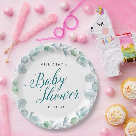 Eucalyptus Calligraphic Baby Shower Pappteller (Party)