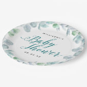 Eucalyptus Calligraphic Baby Shower Pappteller (Schrägansicht)