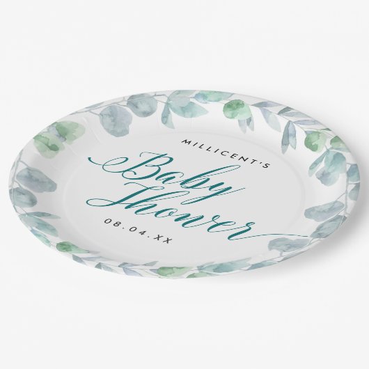 Eucalyptus Calligraphic Baby Shower Pappteller (Schrägansicht)