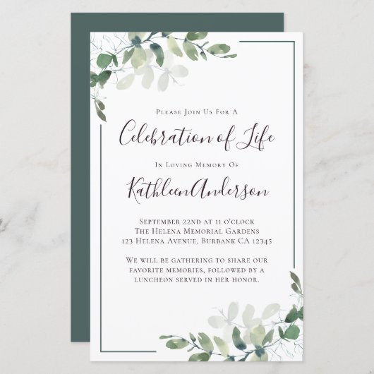 Eucalyptus Celebration of Life Einladung (Vorne/Hinten)