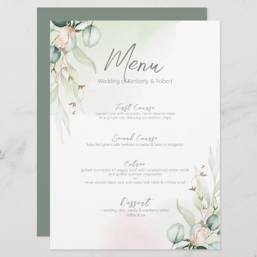 Eucalyptus Cotton Bouquet Wedding Diner Manu Einladung (Vorne/Hinten)