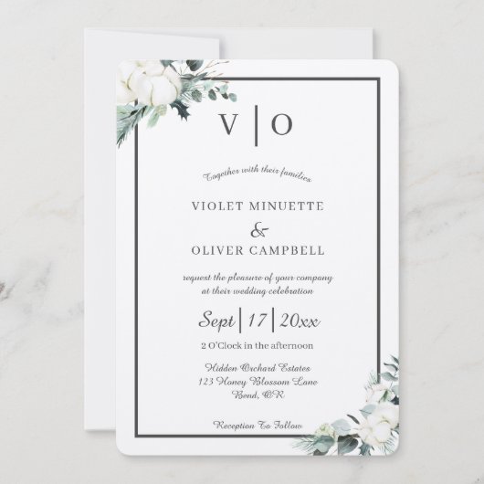 Eucalyptus Cotton | Felt Ecru Monogram Wedding Einladung (Vorderseite)