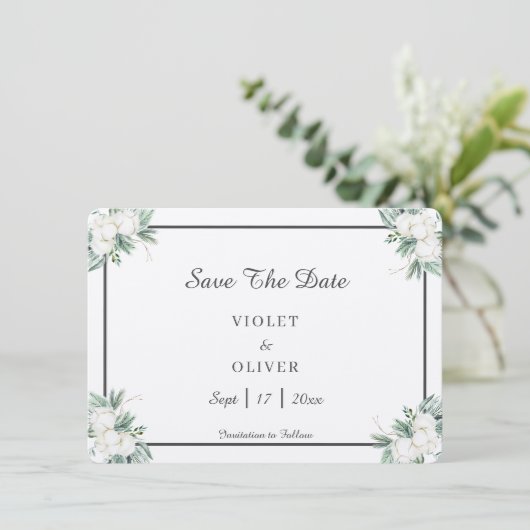 Eucalyptus Cotton | Felt Ecru Save The Date (Stehend Vorderseite)