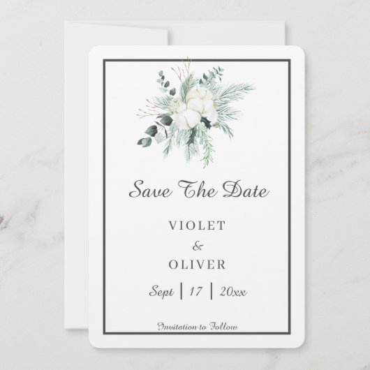 Eucalyptus Cotton | Felt Ecru Wedding Save The Date (Vorderseite)