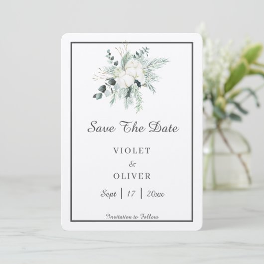 Eucalyptus Cotton | Felt Ecru Wedding Save The Date (Stehend Vorderseite)