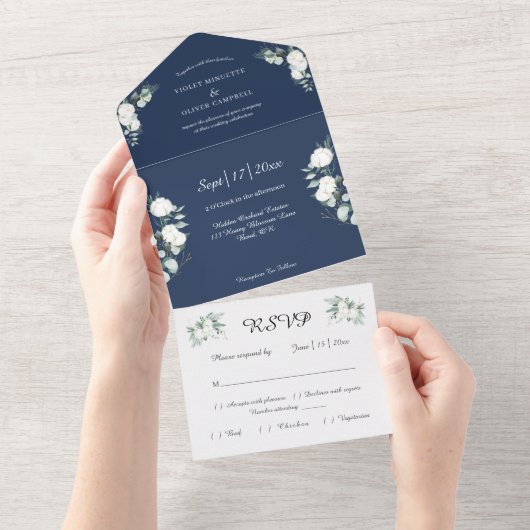 Eucalyptus Cotton | Navy Modern v2 All In One Einladung (Abreißen)