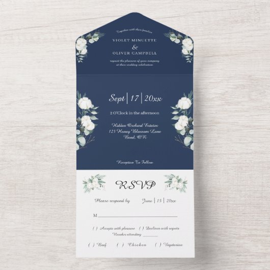 Eucalyptus Cotton | Navy Modern v2 All In One Einladung (Innen Boden)