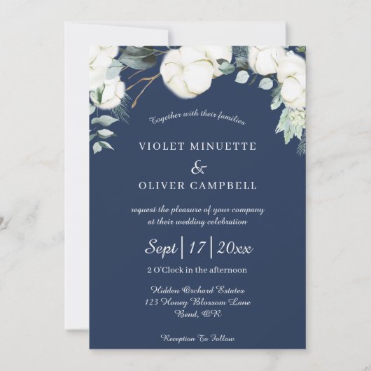 Eucalyptus Cotton | Navy Modern v3 Wedding Einladung (Vorderseite)