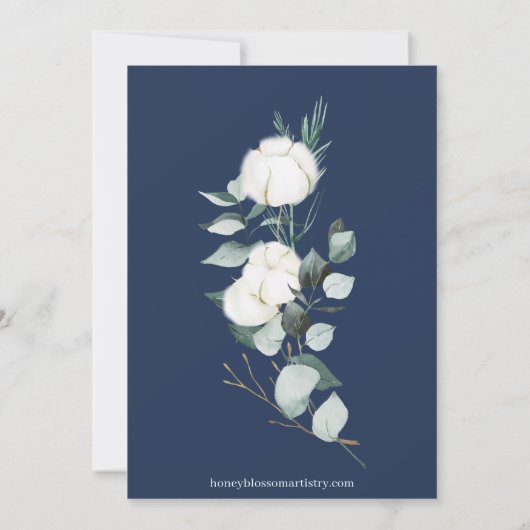 Eucalyptus Cotton | Navy Moderne Monogram Wedding Einladung (Rückseite)