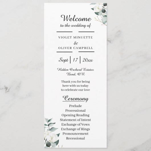 Eucalyptus Cotton | White Modern Brautparty Flat Programm (Vorderseite)