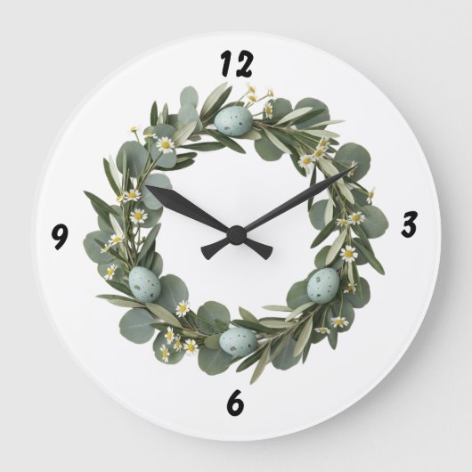 Eucalyptus & Daisy Spring Wreath Wall Clock Große Wanduhr (Vorderseite)