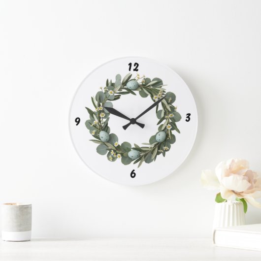 Eucalyptus & Daisy Spring Wreath Wall Clock Große Wanduhr (Zuhause)