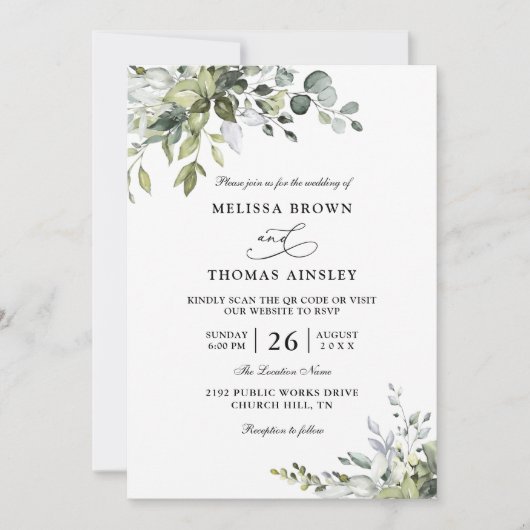 Eucalyptus Elegant Modern Budget QR Code Wedding Einladung (Vorderseite)