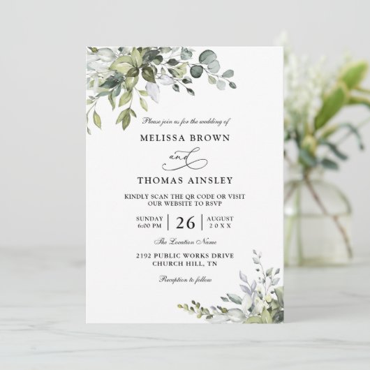 Eucalyptus Elegant Modern Budget QR Code Wedding Einladung (Stehend Vorderseite)