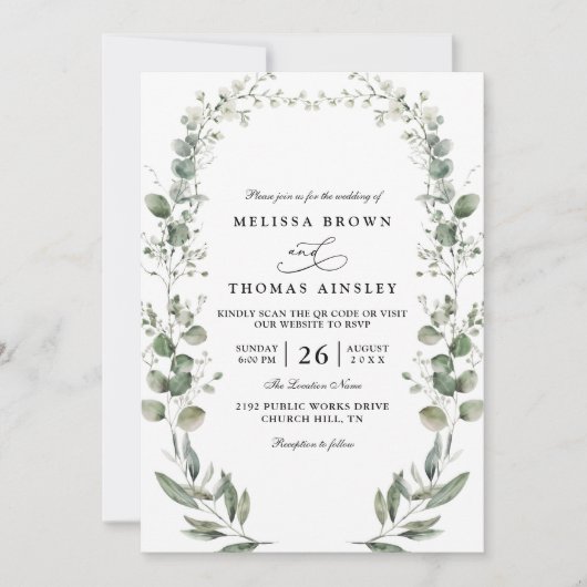 Eucalyptus Elegant Modern Rustic QR Code Wedding Einladung (Vorderseite)