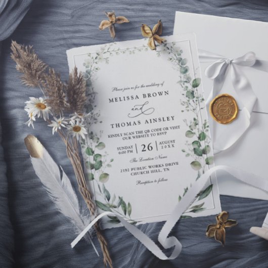 Eucalyptus Elegant Modern Rustic QR Code Wedding Einladung