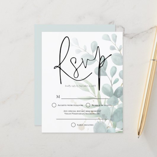 Eucalyptus Elegant Script Wedding RSVP (Vorderseite/Rückseite Beispiel)