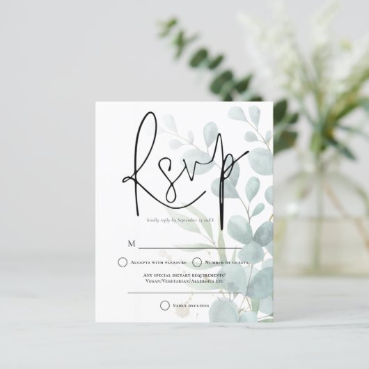 Eucalyptus Elegant Script Wedding RSVP (Stehend Vorderseite)