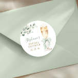 Eucalyptus Floral Champagne Bridal Shower Runder Aufkleber<br><div class="desc">Celebrate the bride-to-be with this elegant and charming eucalyptus floral champagne bridal shower sticker. Featuring a delicate watercolor illustration of a champagne flute adorned with a soft sage green ribbon, this sticker evokes a sense of celebration and sophistication. Complementing the champagne glass is a beautiful sprig of eucalyptus and baby's...</div>