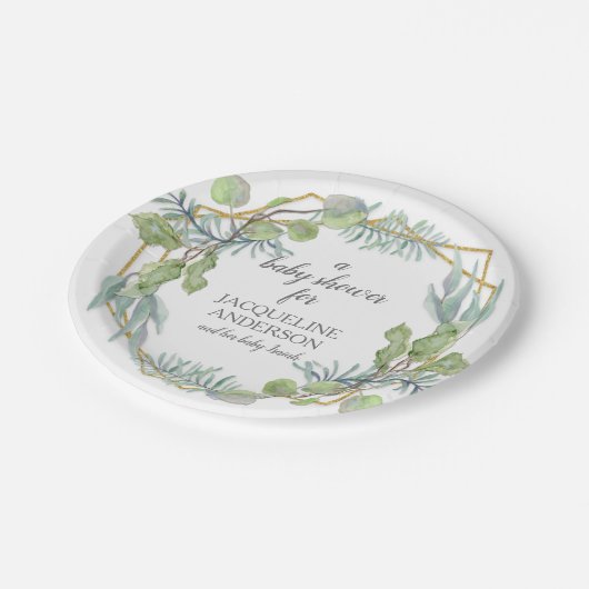 Eucalyptus Foliage Babydusche in moderner Aquarell Pappteller (Schrägansicht)