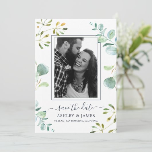 Eucalyptus Foliage Blue Botanic Save the Date Einladung (Stehend Vorderseite)