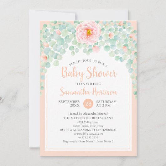 Eucalyptus Foliage Blumenpfirsichbeutel Einladung (Vorderseite)