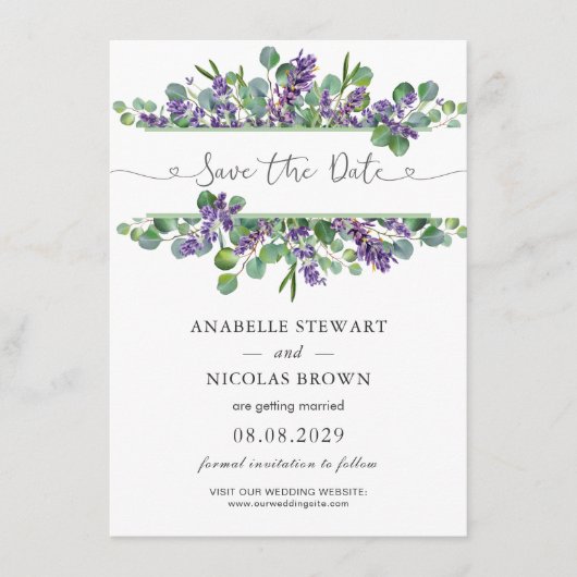Eucalyptus Foliage Lavender Blume Save the Date Begleitkarte (Vorderseite)
