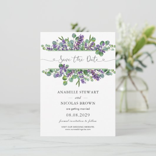 Eucalyptus Foliage Lavender Blume Save the Date Begleitkarte (Stehend Vorderseite)