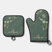 Eucalyptus Foliage Monogram Script-Elegant Ofenhandschuh & Topflappen-Set (Vorderseite)