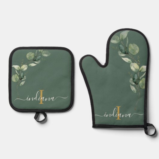 Eucalyptus Foliage Monogram Script-Elegant Ofenhandschuh & Topflappen-Set (Vorderseite)