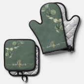 Eucalyptus Foliage Monogram Script-Elegant Ofenhandschuh & Topflappen-Set (Vorderseite/Rückseite)