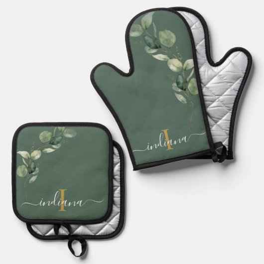Eucalyptus Foliage Monogram Script-Elegant Ofenhandschuh & Topflappen-Set (Vorderseite/Rückseite)