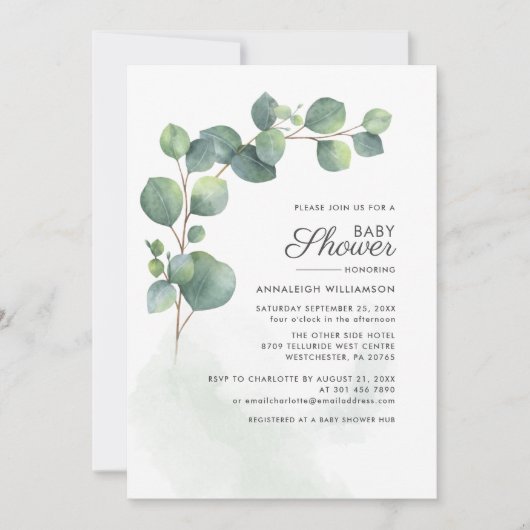 Eucalyptus Foliage Script Baby Dusche Einladung (Vorderseite)