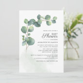 Eucalyptus Foliage Script Baby Dusche Einladung (Stehend Vorderseite)