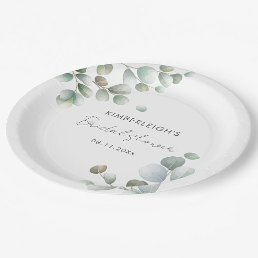 Eucalyptus Foliage Script-Brautparty Pappteller (Schrägansicht)
