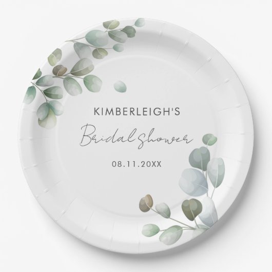 Eucalyptus Foliage Script-Brautparty Pappteller (Vorderseite)