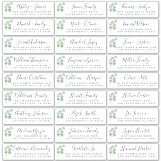 Eucalyptus Foliage Wedding Guest Address Labels (Vorderseite)