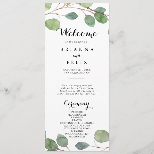 Eucalyptus Foliage Wedding Program für Grünpflanze Programm (Vorderseite)