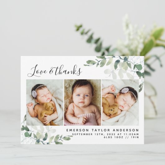 Eucalyptus Foto Baby Dankeskarte (Stehend Vorderseite)