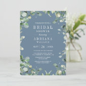 Eucalyptus Foto QR Code Dusty Blue Brautparty Einladung (Stehend Vorderseite)