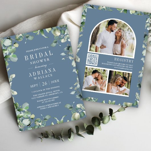 Eucalyptus Foto QR Code Dusty Blue Brautparty Einladung
