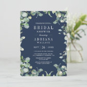 Eucalyptus Foto QR Code Navy Blue Brautparty Einladung (Stehend Vorderseite)