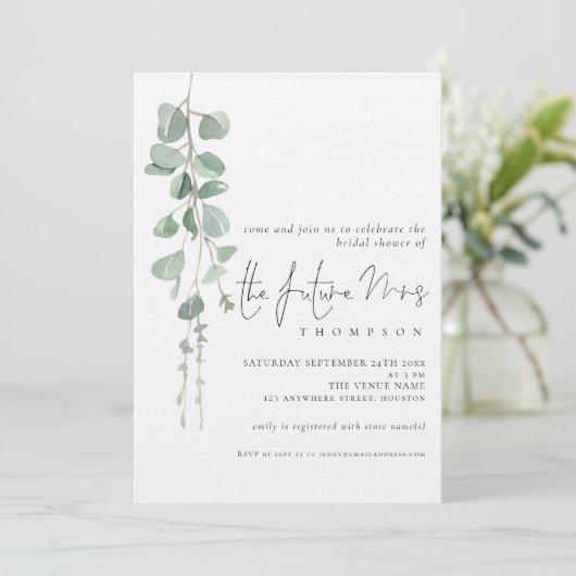 Eucalyptus Future Frau Brautparty Einladung (Stehend Vorderseite)