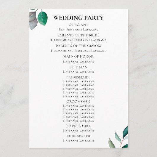 Eucalyptus Garden Botanical Wedding Ceremony Programm (Rückseite)