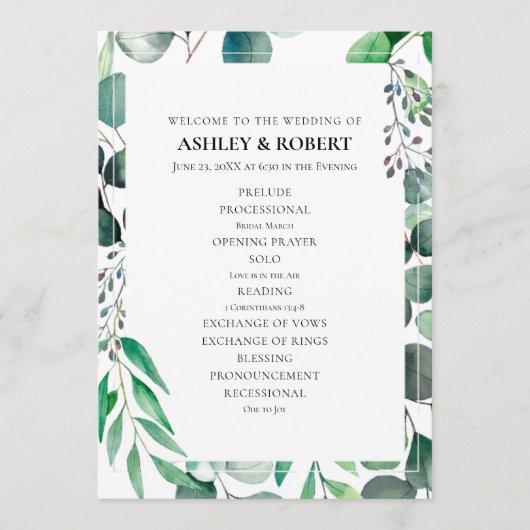 Eucalyptus Garden Botanical Wedding Ceremony Programm (Vorderseite)