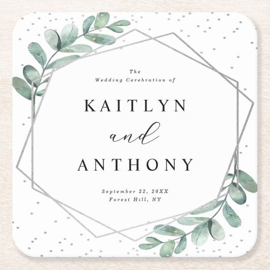 Eucalyptus Geometric Silver Foil Wedding Rechteckiger Pappuntersetzer (Vorderseite)