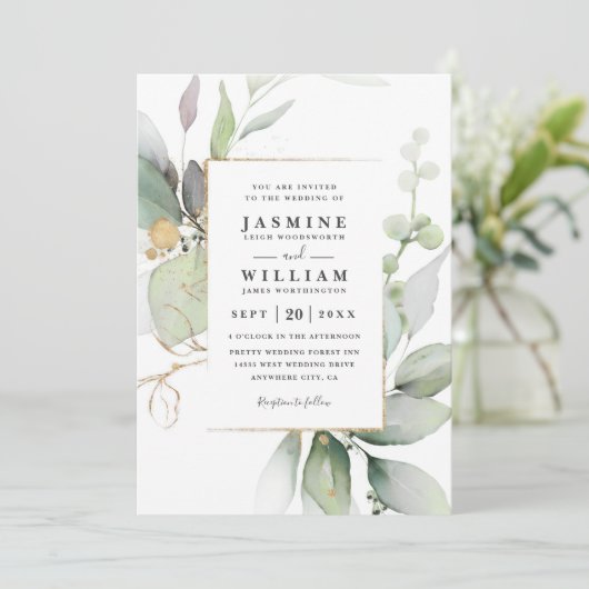 Eucalyptus Glow Gold Greenery QR Code Wedding Einladung (Stehend Vorderseite)